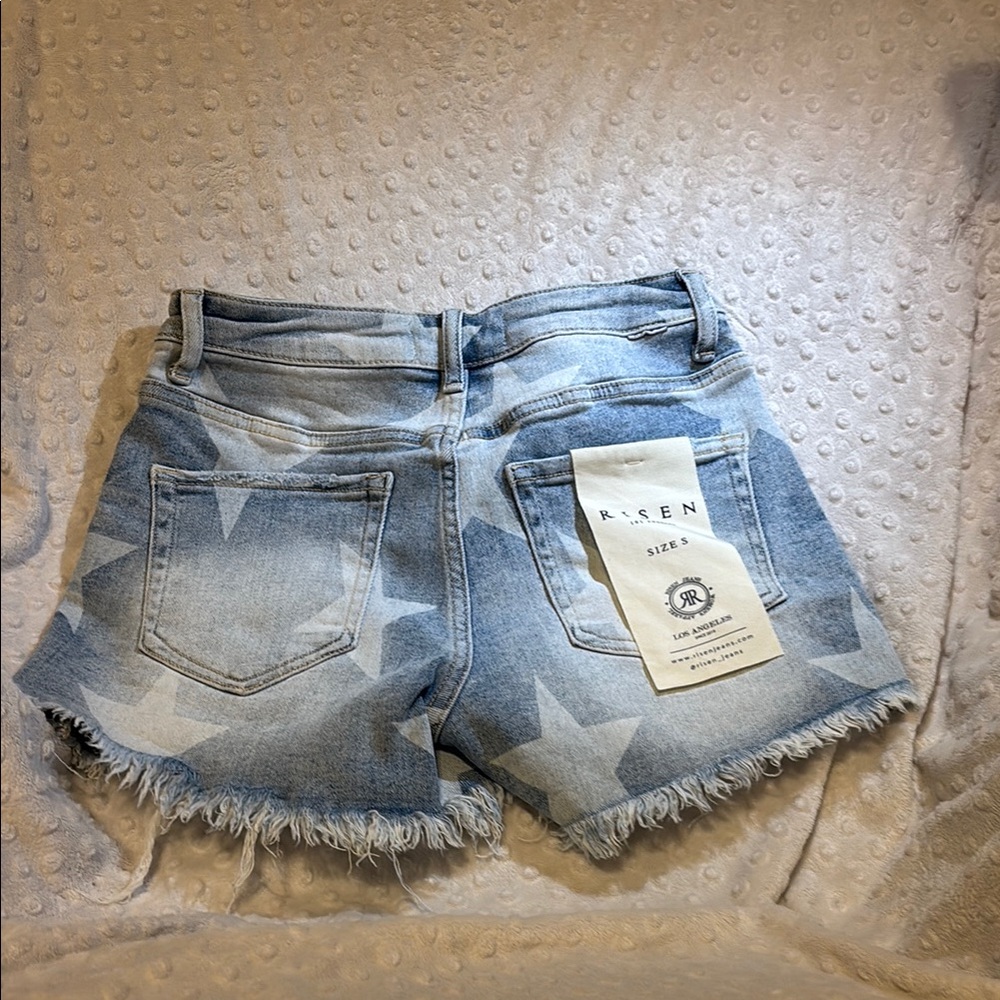 Blue Distressed Jean Shorts with Raw Hem - Picture 3 of 3